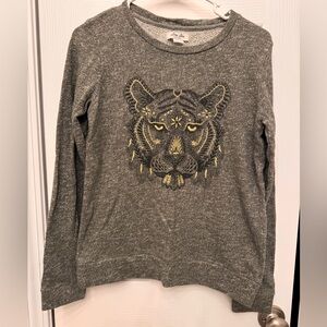 Lucky Lotus Gray Sweater with Embroidered Tiger Design